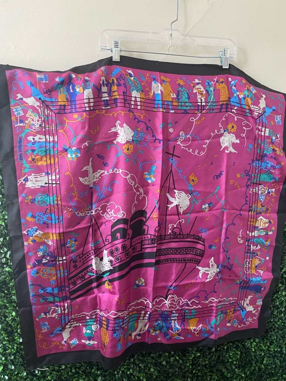 Perry Ellis Magenta Nautical Print Silk-Look Scarf with Black Border